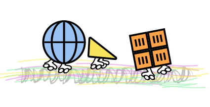 _Three figures roller-blading across an abstract mix of gray waves and colorful lines. One of the figures looks like a globe, one is a stack of boxes, and the third one is a yellow triangle.