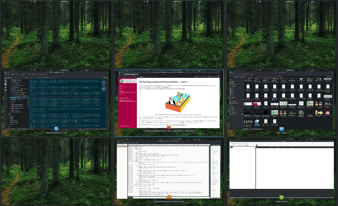 A 3x3 grid with a text editor on the left, web browser in the middle, file manager on the right, chat on the bottom, and passwords bottom right. Background image is Path by Risto Saukonpää