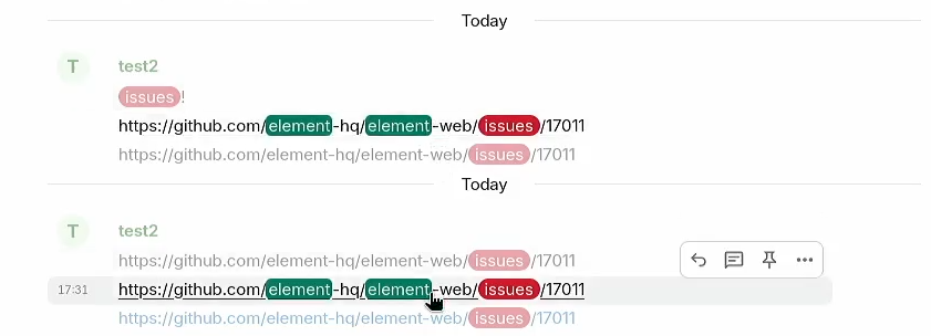 %Screenshot of the search results interface in Element (here, I'm searching by "element", while "issues" is a keyword)—taken the demonstrations of the fix at 4:12:10