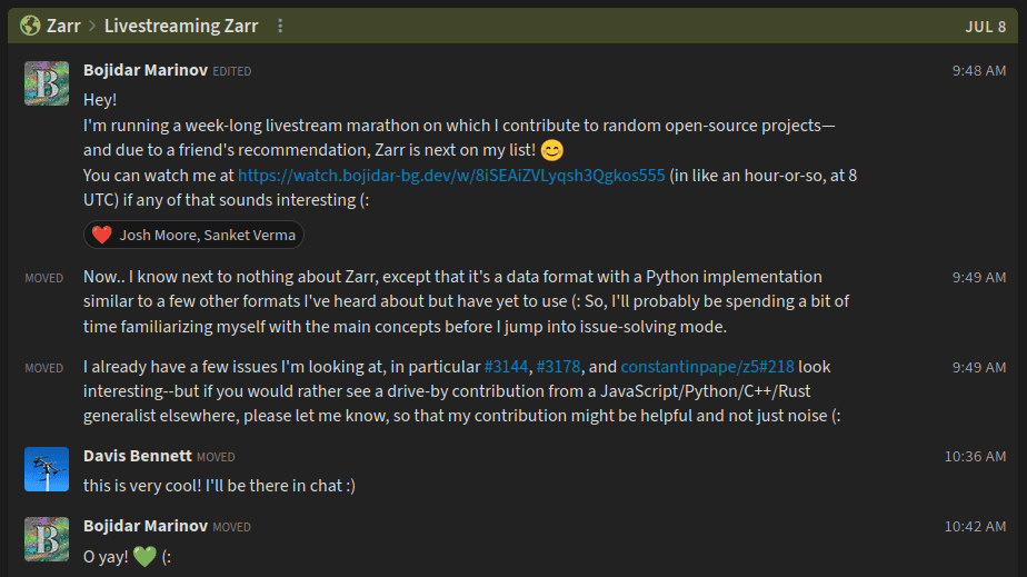 Messages in the Zarr Zulip channel regarding the livestream