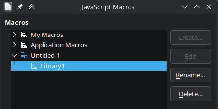 A dialog listing JavaScript macros; a library called "Library1" is selected, but both the Edit and Create buttons on the side are grayed out.
