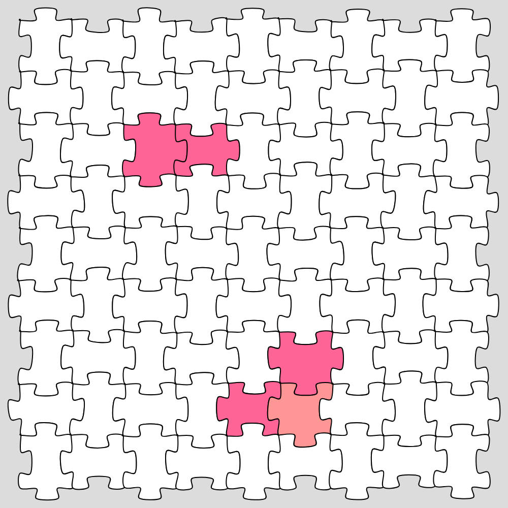 A sea of white regular puzzle pieces, interrupted by a few bright pink irregular ones