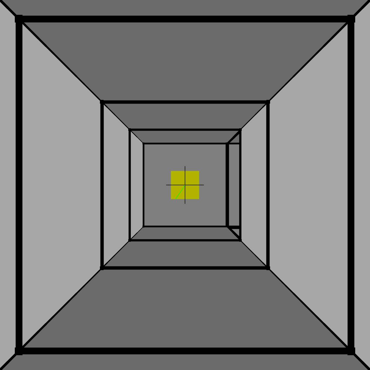 A gray three-dimensional maze with a yellow cube trying to find its way to a green spot while turning red cubes on the way into purple