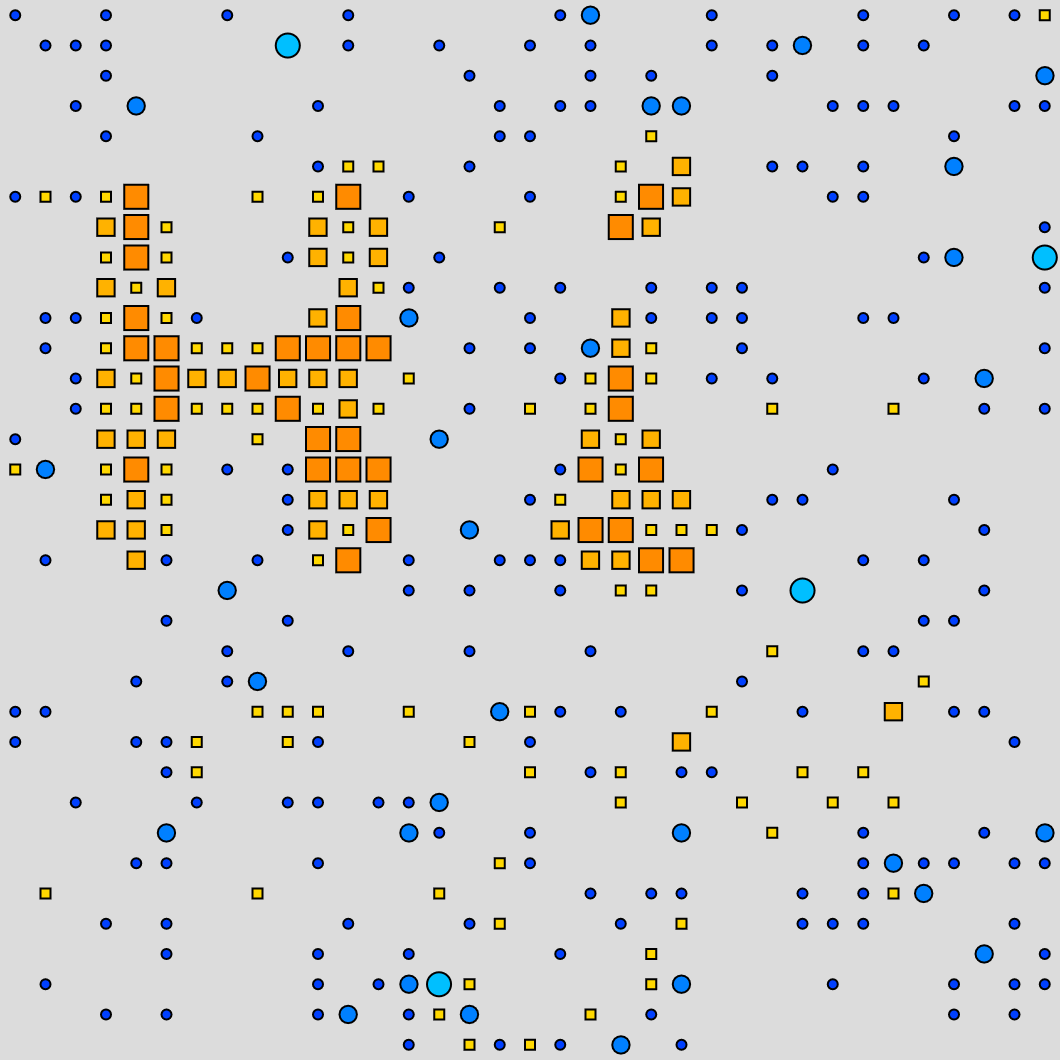 A gray square waiting to be filled with orange and blue grains of sand, following the Abelian sandpile model