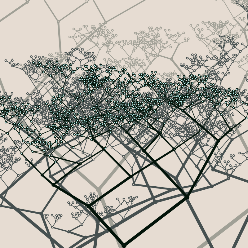 A forest of trees of blue blossoms and black branches against a pink background