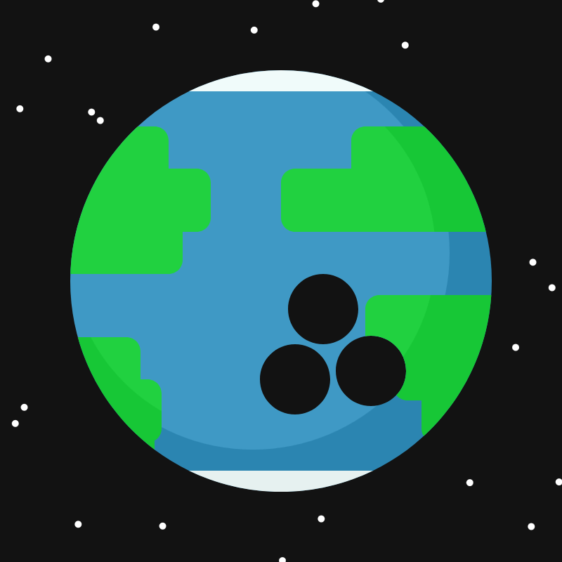 A rendition of Earth with rounded rectangles forming the coastlines and with three big bowling-ball holes somewhere around the Null Point