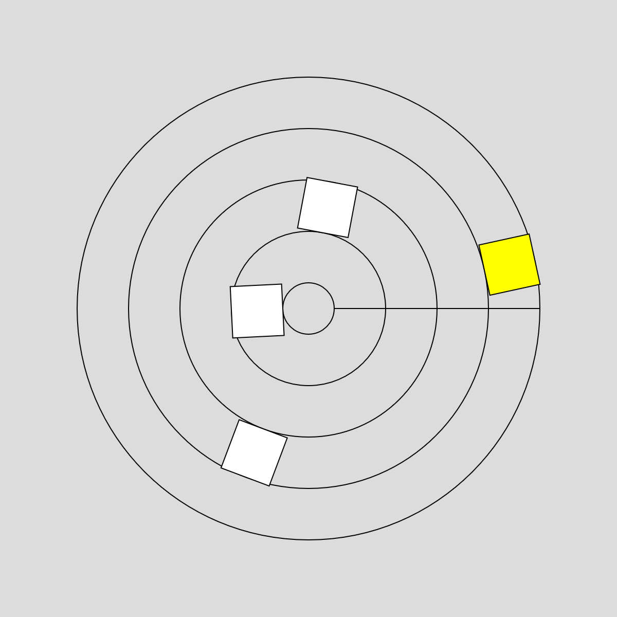 Rectangles spin along concentric tracks, stopping when the mouse is closer to the center than them