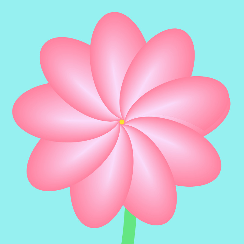 A pink flower against a skyblue background with shifting number (9-10) of spinning petals