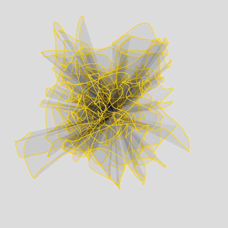 A scruntched-up, meandering gold line, makes gray shadows towards the center of the screen