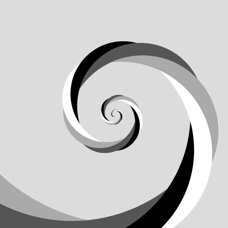 A gray spiral of cut-out circle arcs transforms into ripples and then back into a spiral