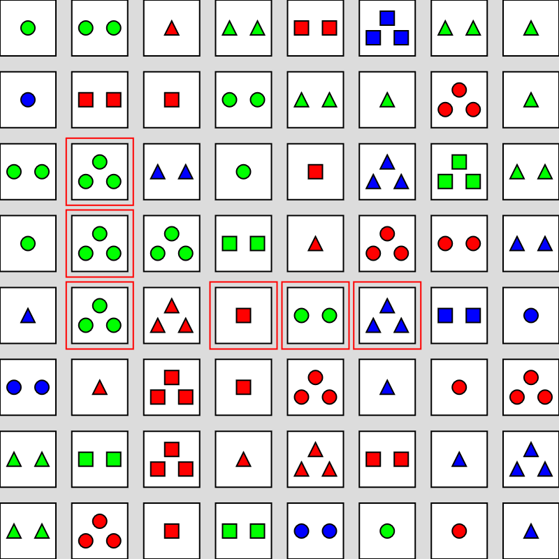 A board of square cards, each of them having one to three shapes that are either circles, square, or triangles, and come in either blue, red, or green. A few of them have been highlighted