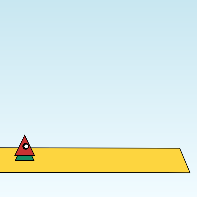 A triangular critter in a triangular hoodie stands on a bronze ruler, making sounds as it moves and jumps around.