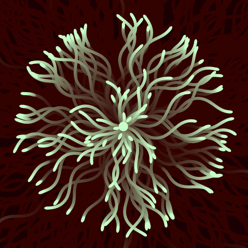 Light green particles leaving floral trails on a dark red background