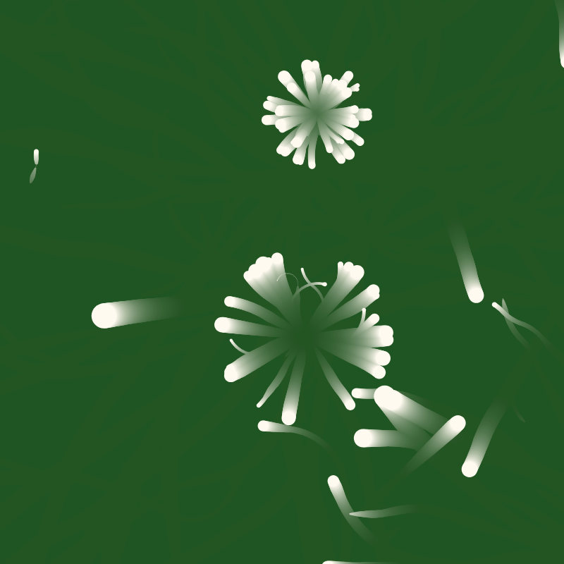 White particles leaving trails on a dark green background