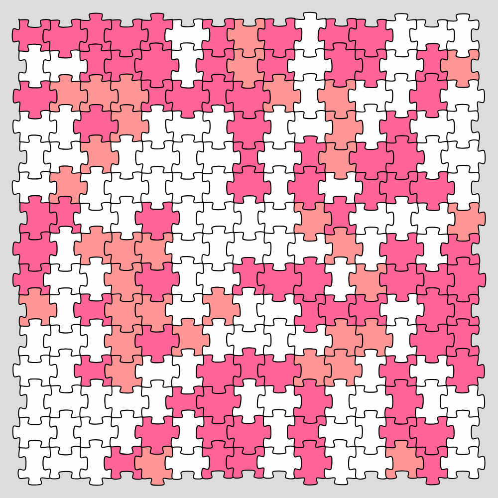 A generated jigsaw puzzle, along with a few sliders to control its behavior, and some statistics at the bottom