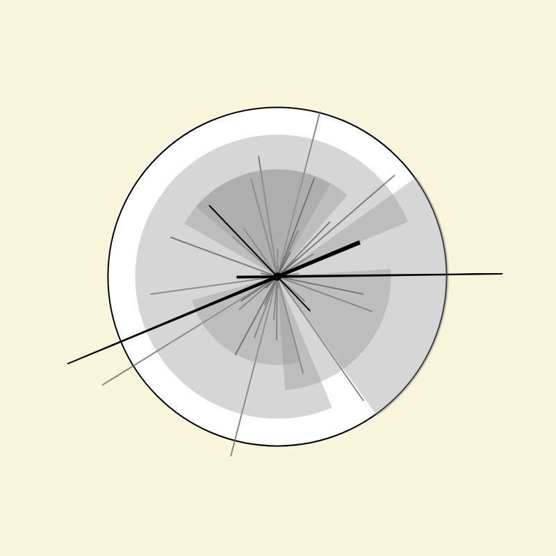 An analog clock with randomized arcs and lines behind.