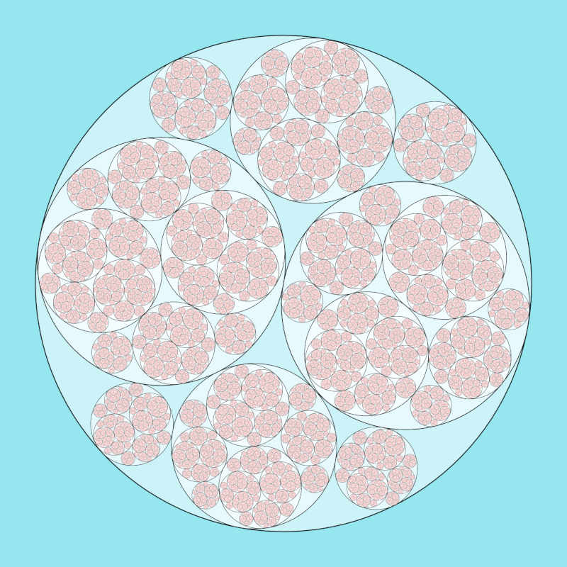 A fractal of circles, where the smallest circles look like cherry blossoms on a white tree.