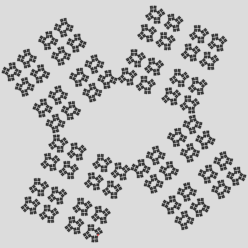 A fractal of squares that rotate; each square vertex replaced by a copy of the shape
