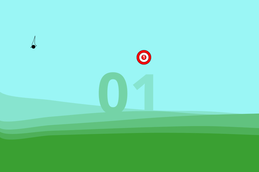 A target hangs in midair in front of a foggy landscape. Large numbers loom in the background. On the left, a sling is readied to shoot the target.