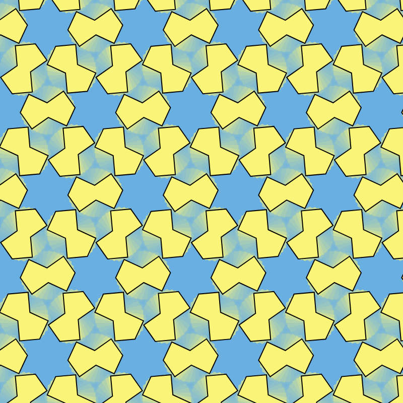 Blue hexagons with yellow borders that spin in place to turn the tiling into hexagonal stars and smaller hexagons touching at their corners.