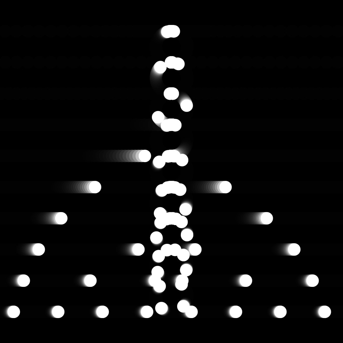 A complex animation of circles going left to right, but taking a loop in the middle.