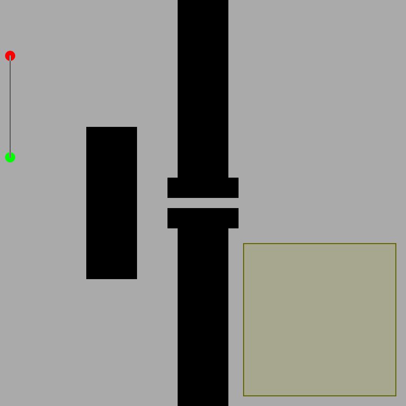 An obstacle course with a stick with green and red ends in the top corner and a goal area in the lower right