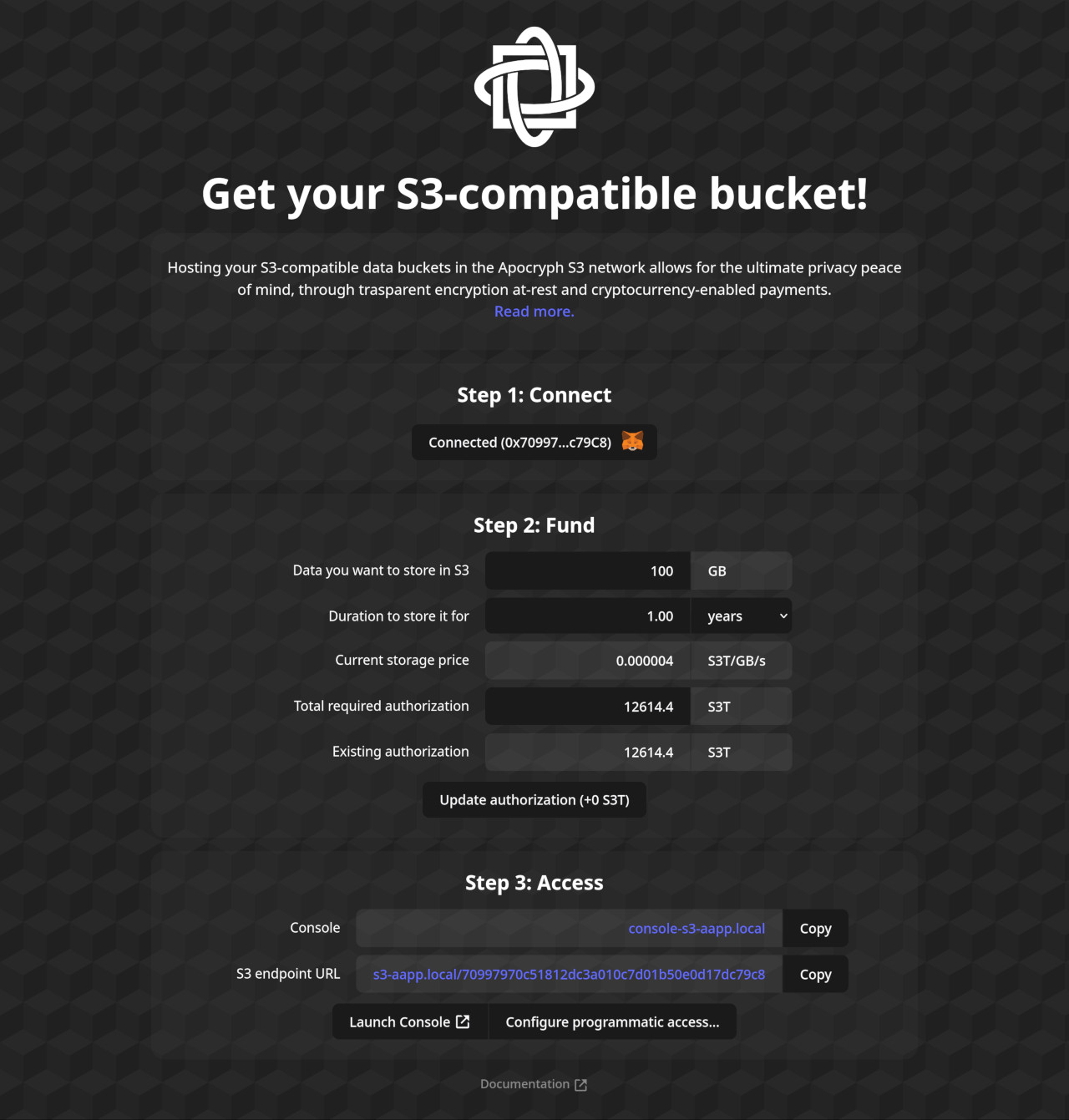 %Cryptocurrency-paid S3 solution built on top of Apocryph